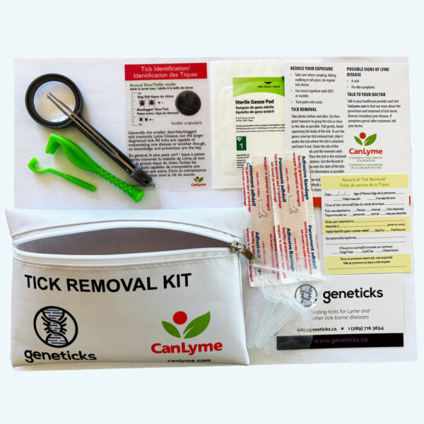 Exploded view of the tick removal kit, including tick identification cards, a magnifying glass, instructions for proper tick removal and identification, containers to safely store ticks, and 3 styles of tick removers to cover a variety of tick bite situations. Everything comes in a sturdy and easy to spot 6″ x 4″ nylon zipped pouch.