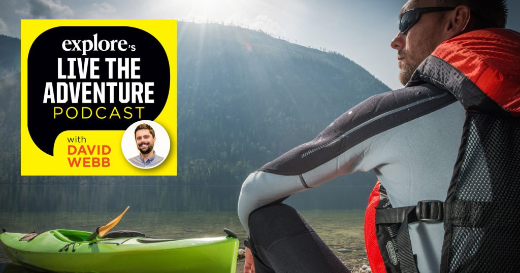 Explore's Live the Adventure Podcast logo floating over a kayaker on the shore.