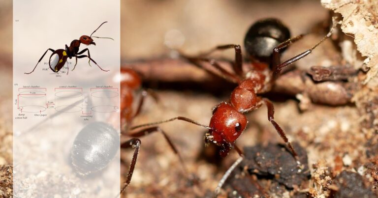 Formica oreas ants in a sandy home area, with an ant figure on top.