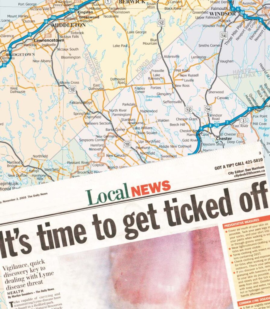 News clipping from 2005 over top of a map of Lunenberg Halifax: "it's time to get ticked off".
