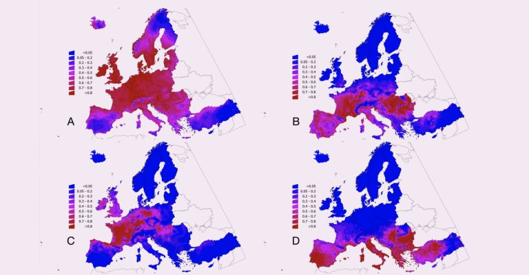 Maps of Europe comparing habitat suitability of ticks.