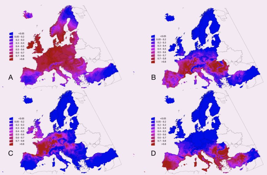 Maps of Europe comparing habitat suitability of ticks.