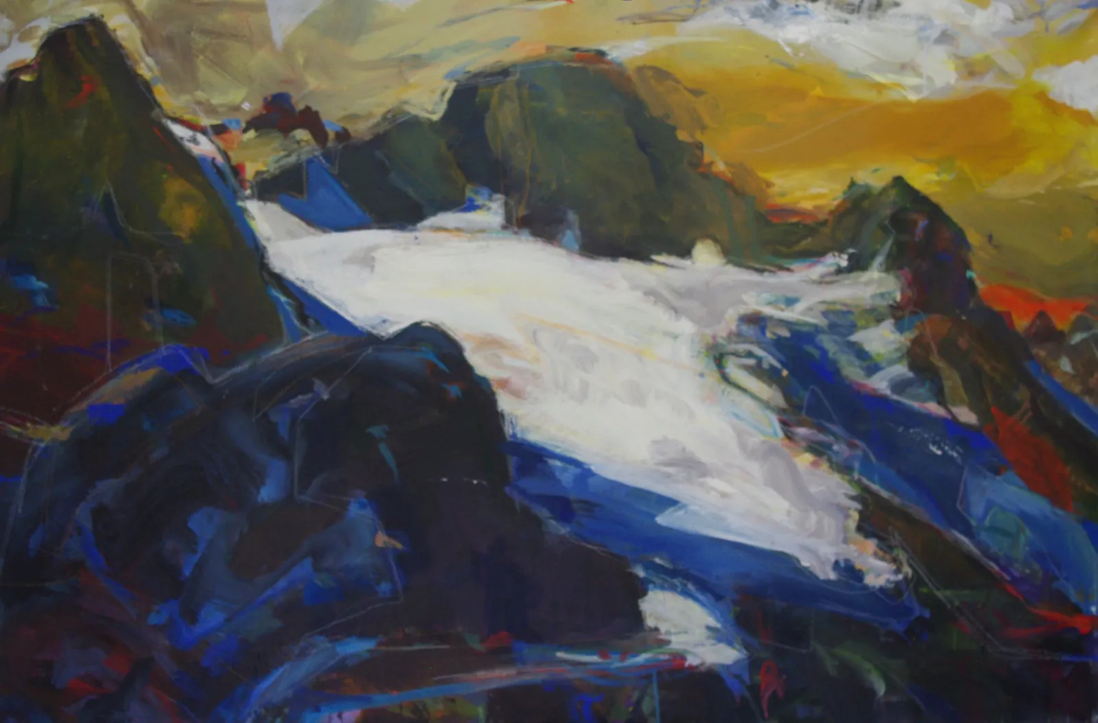 Mountain snow and ice painting in yellow and red, blue, and brown by Rick Cepella.