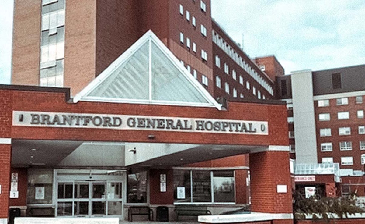 Brantford General Hospital front doors and cool roofline with many windows.