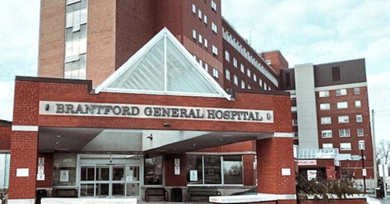 Brantford General Hospital front doors and cool roofline with many windows.