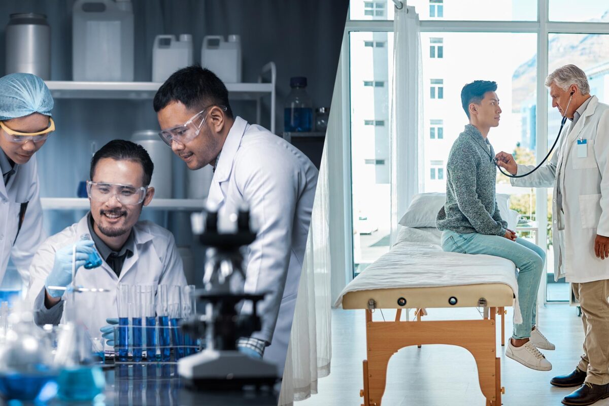A montage of scientists in a lab and a doctor with a patient.