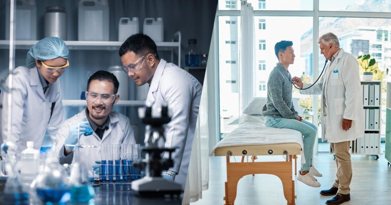 A montage of scientists in a lab and a doctor with a patient.