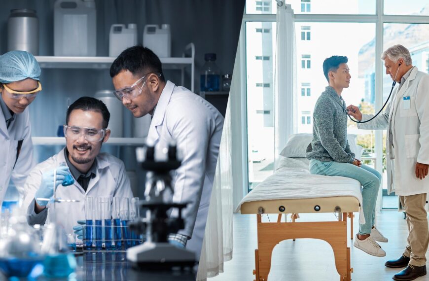 A montage of scientists in a lab and a doctor with a patient.